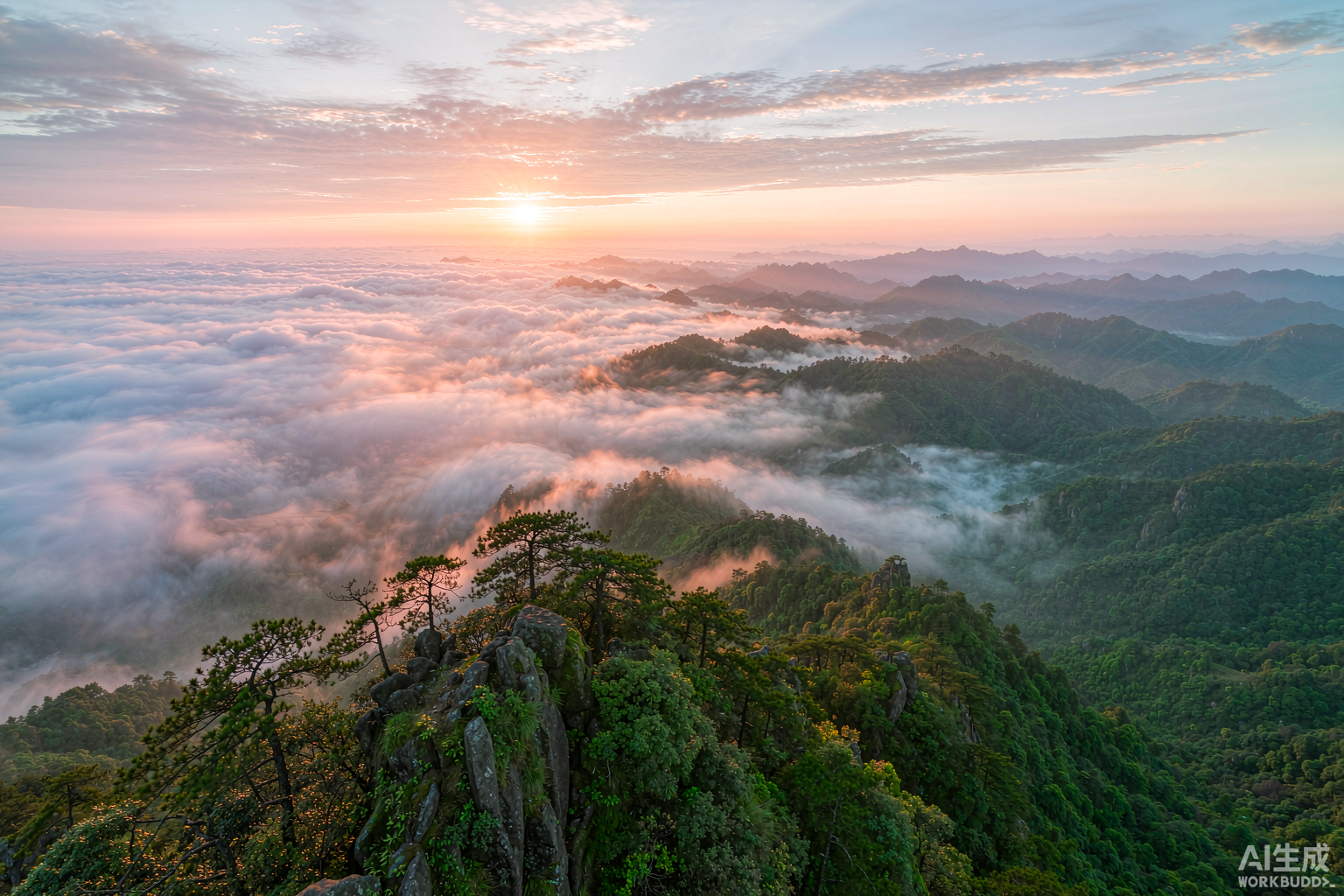 Sunrise over Guizhou's green mountains